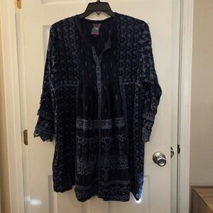 Johnny Was blue embroidered eyelet peasant boho Asheena dress EST SZ L/XL